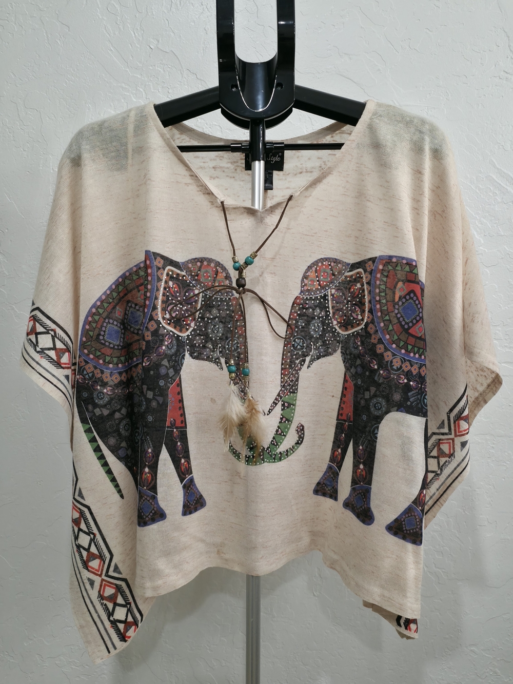 Boho Elephant Print V-Neck Womens Top - Cream